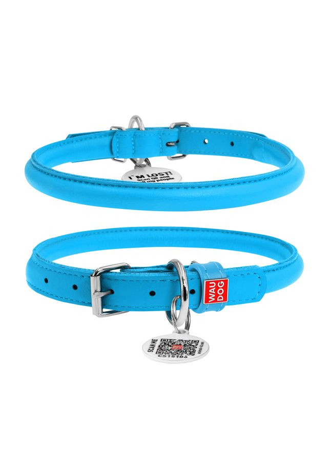 Ошейник для собак кожаный Glamour с QR паспортом, круглый, Д 10 мм, Длин 33-41 см голубой WAUDOG (322002456)