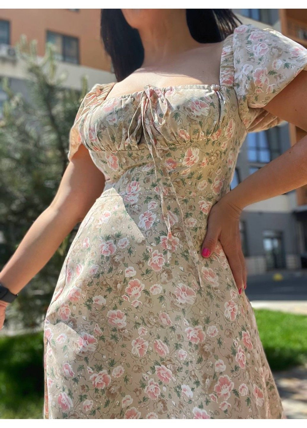 Рожева сукня жіноча літня a-n 2669 квітковий принт розріз шнурок на грудях довге No Brand з квітковим принтом