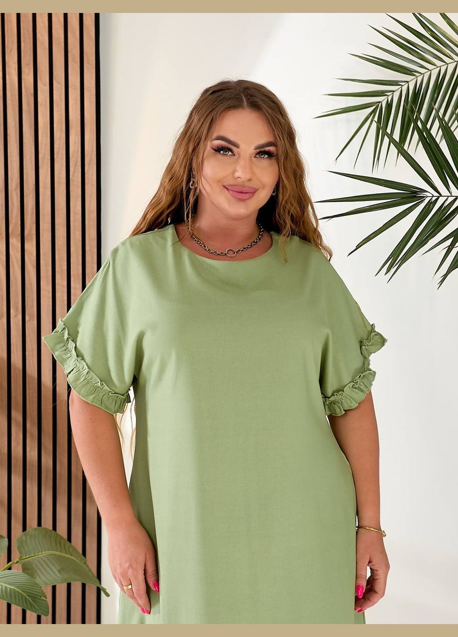 Оливкова повсякденний лляна сукня вільного крою з перехрестям на спинці MonCher