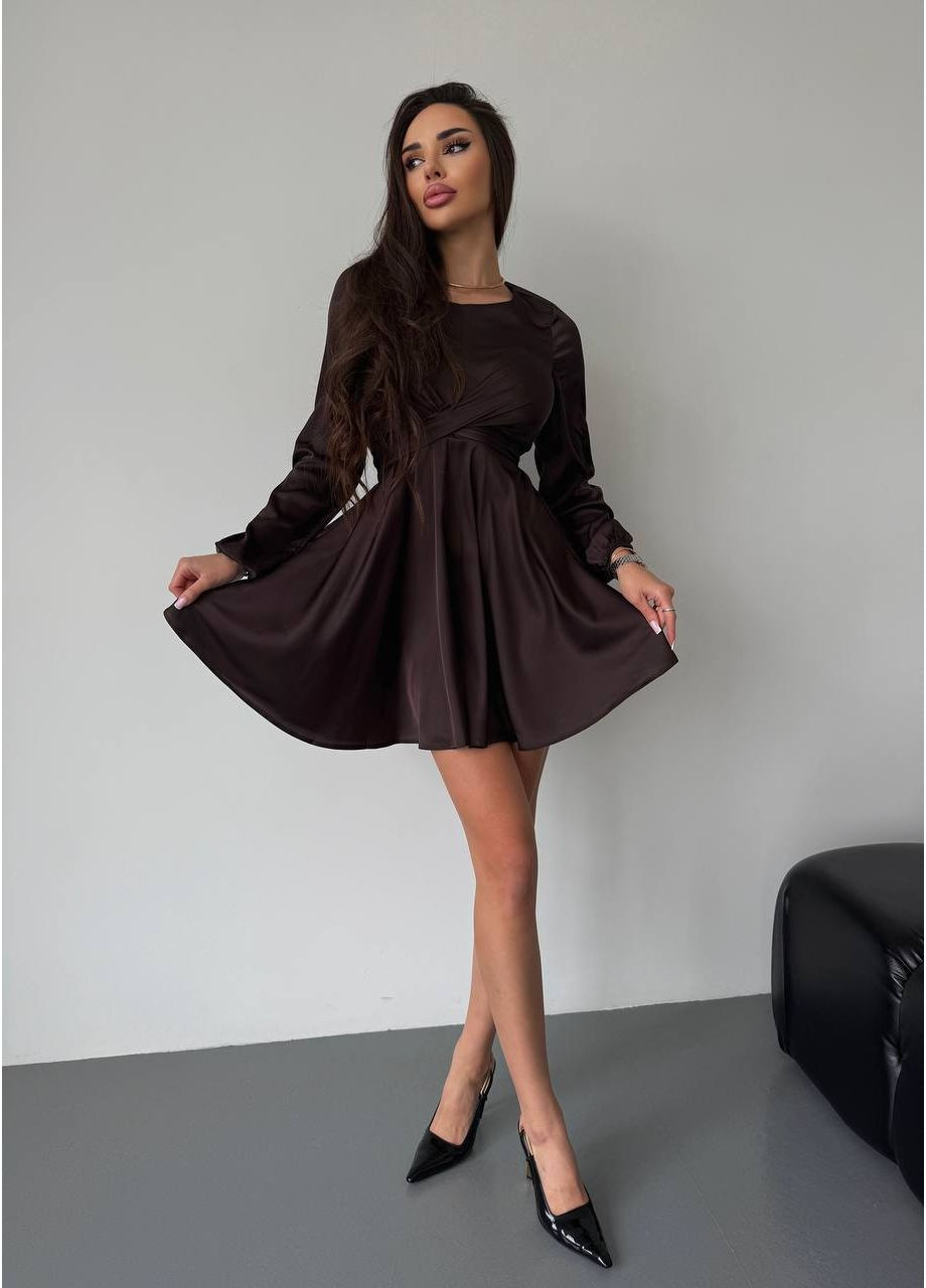 Коричнева шовкова сукня міні коричневого кольору 36048 кльош Fashion однотонна