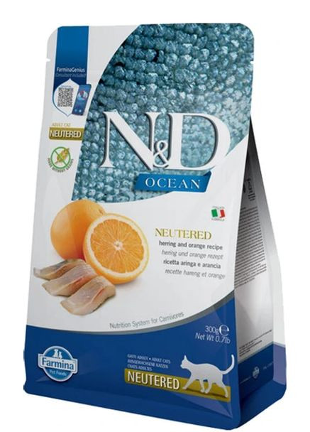 Беззерновий сухий корм для стерилізованих котів N&D Grain Free Ocean з оселедцем та апельсином 1,5 кг Farmina (364357099)