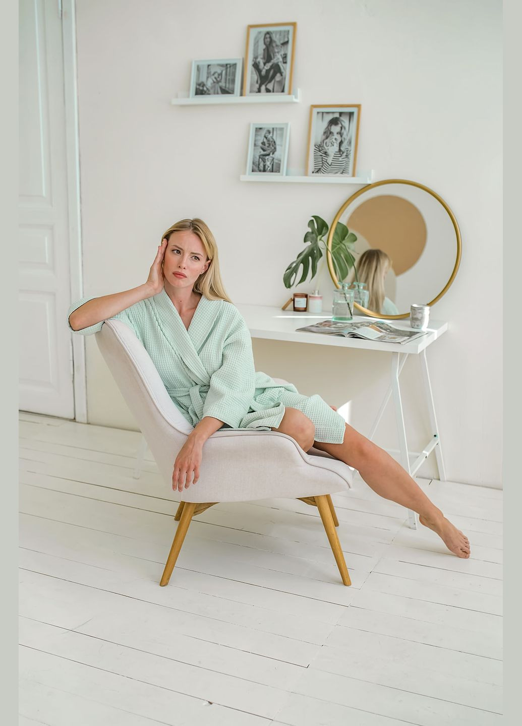 Вафельний жіночий халат з шалевим коміром м'ятний Cosy (285258131)