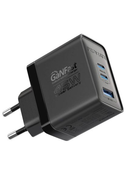 Зарядний пристрій (powerport-45.black) Promate powerport-45 2xUSB-C PD + USB-A QC 45W Black (369879163)