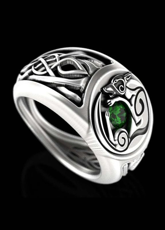 Стильна каблучка у вигляді вовка, що лежить на зеленому камені перстень з вовком Сила Свободи р 17.5 Fashion Jewelry (285272348)