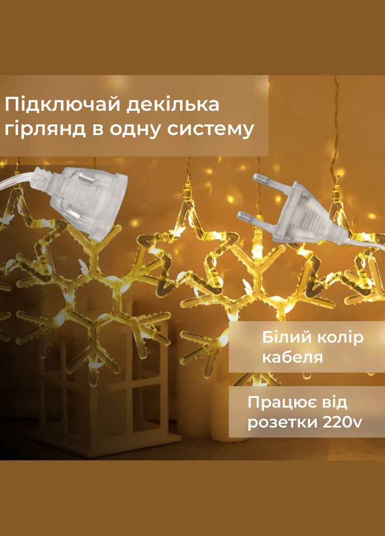 Гирлянда-штора Звезды и снежинки размер 3*0,9 м 10 фигур, желтый GarlandoPro (328441672)