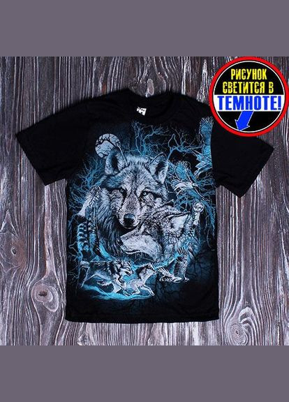 Чорна демісезонна дитяча бавовняна футболка на хлопчика і дівчинку з принтом вовки в лісі світиться в темряві 122-128 чорний Ельф і Фея