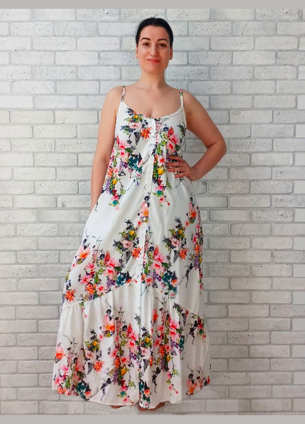 Білосніжна повсякденний жіночий шифоновий сарафан на гудзиках та тонких бретелях довгий у підлогу. No Brand з квітковим принтом