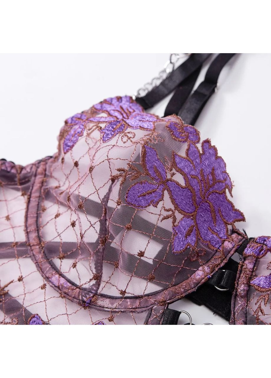 Фиолетовый демисезонный кружевной комплект с поясом. женский кружевной комплект белья с поясом и подвязками. No Brand
