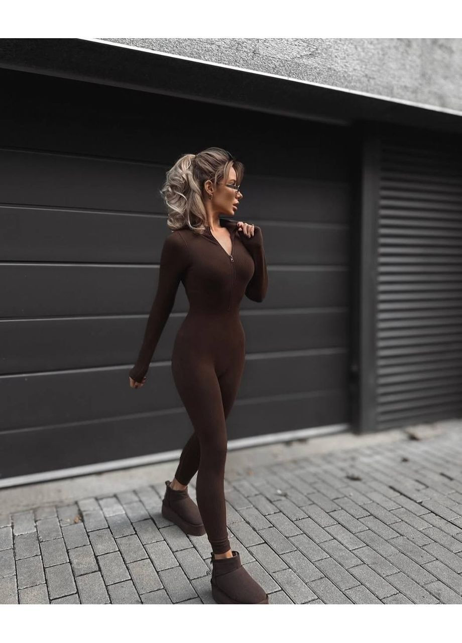 Жіночий комбінезон No Brand комбінезон-брюки однотонний коричневий повсякденний, кежуал трикотаж