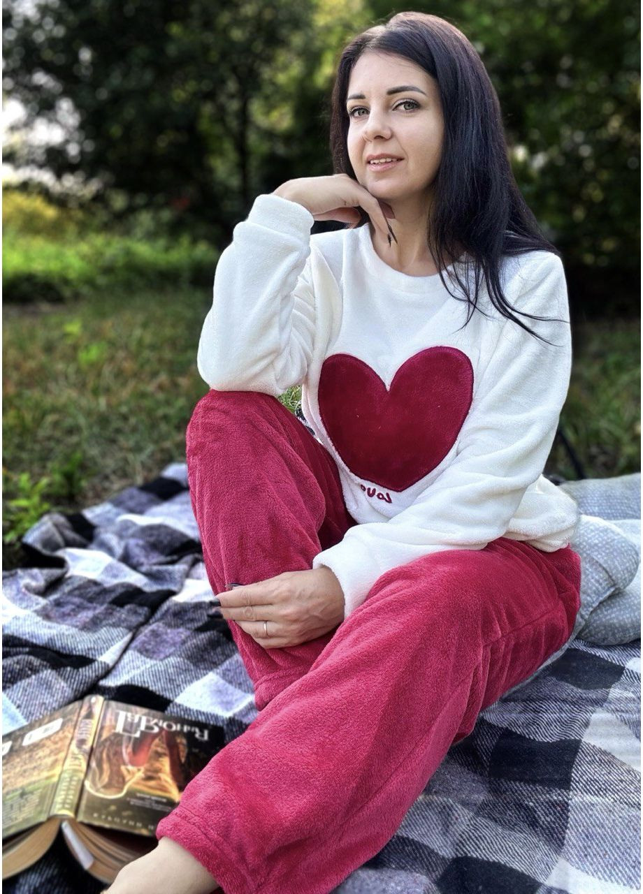 Красная зимняя велюровый костюм на двух стороннем меху в стиле кэжуал кофта + брюки No Brand