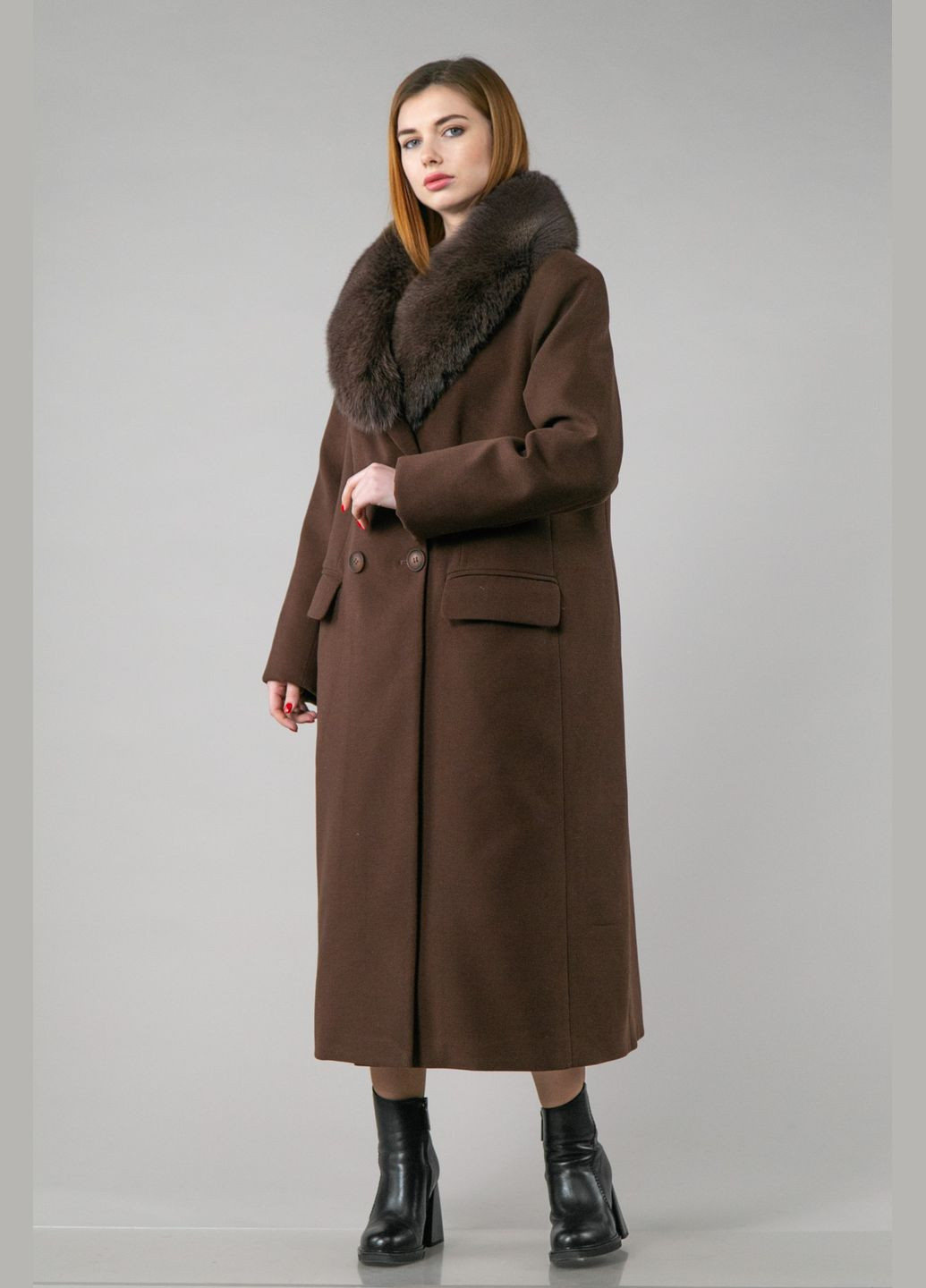 Темно-коричневое зимнее Пальто из кашемира двубортное Chicly Furs