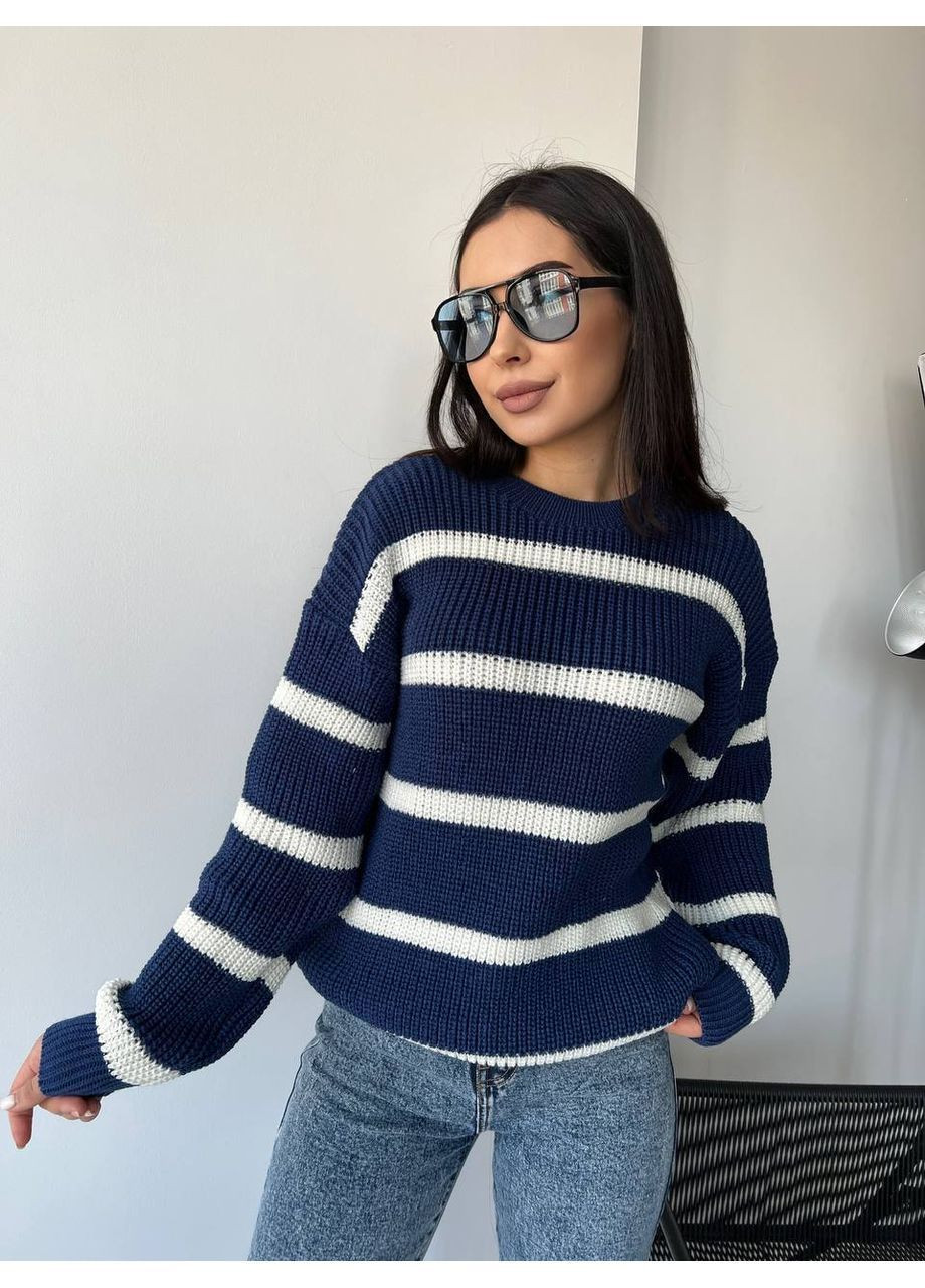 Синий демисезонный женский свитер в полоску джемпер No Brand