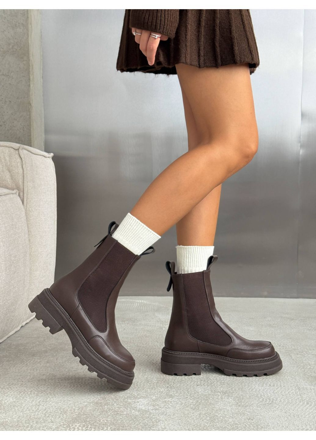 Жіночі зимові челсі NikArt, натуральна шкіра, шоколадні, утеплені хутром, на товстій підошві No Brand (366290197)
