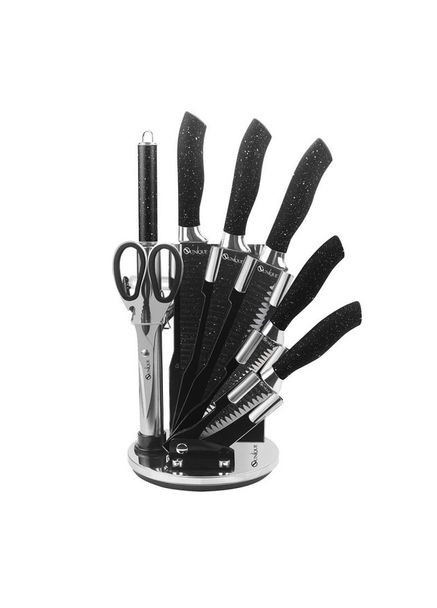 Набір ножів з підставкою 9 предметів UN-1831 з овочечисткою нержавіюча сталь чорний Unique чорний,