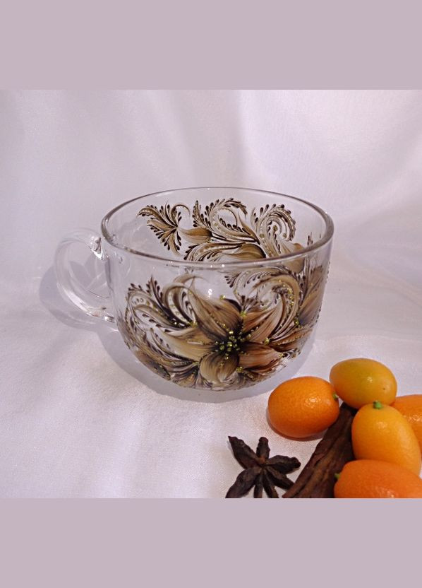 Чашка прозора скляна з авторським розписом ручної роботи "Коричнева лілія" No Brand (349842281)