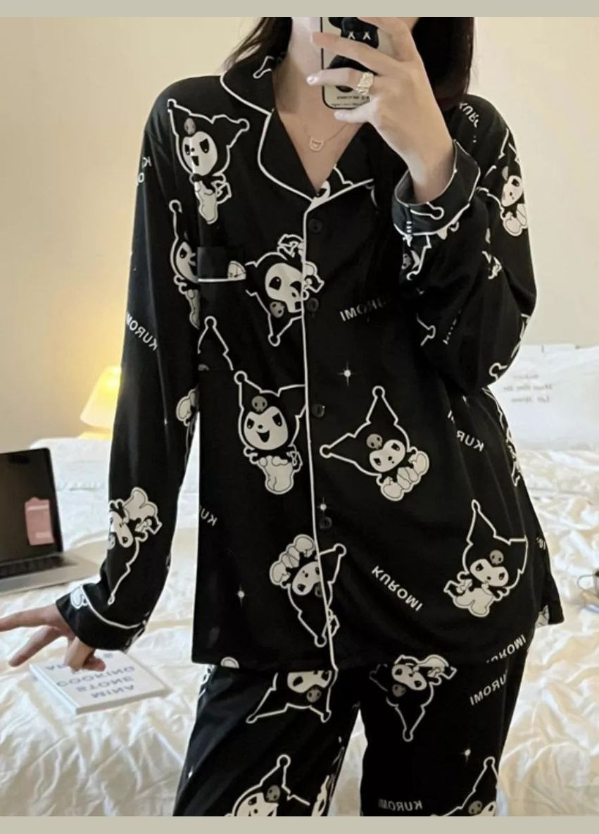 Черно-белая всесезон пижама для девочек kuromi подростковая пижама брючная белый кант рубашка и брюки в классическом стиле рубашка + брюки No Brand Піжама