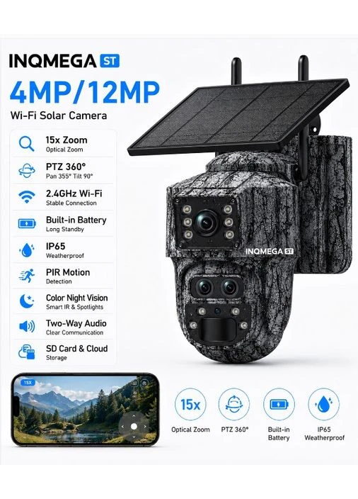 Wi-Fi камера видеонаблюдения INQMEGA ST с солнечной панелью | 4MP/12MP | 15x Zoom | PTZ 360° | IP65 | Автономная камера DACIA (397333210)