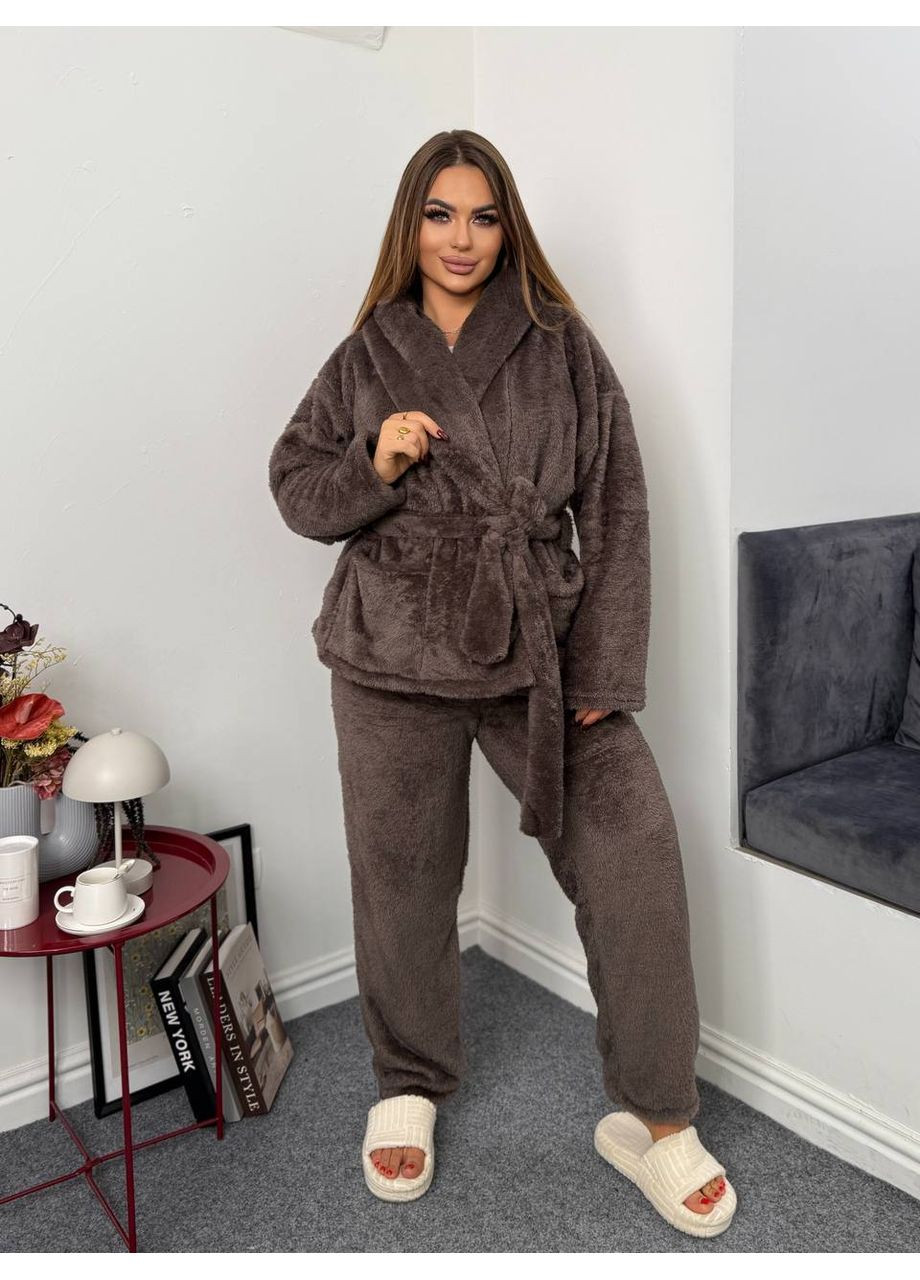 Коричневая зимняя домашний комплект пижама тройка | двухсторонняя махра турция Україна