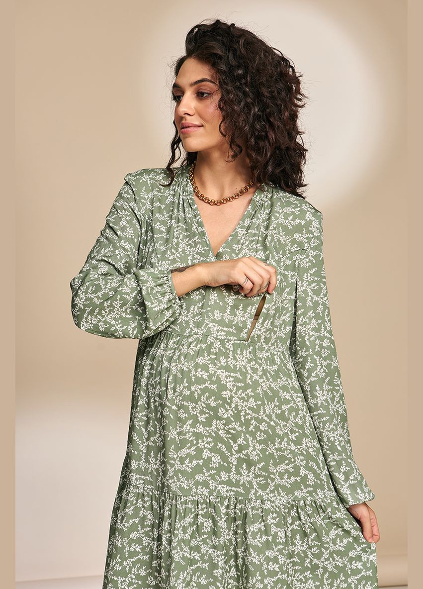 Оливковое оливковое платье для беременных и кормящих с секретом кормления Юла мама с цветочным принтом