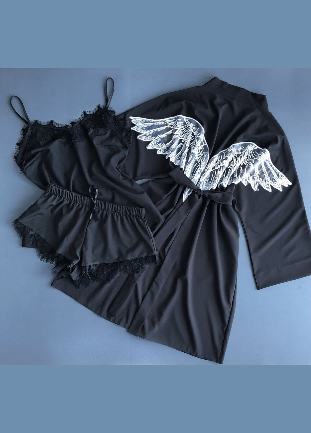 Черный демисезонный комплект пижама и халат Exclusive