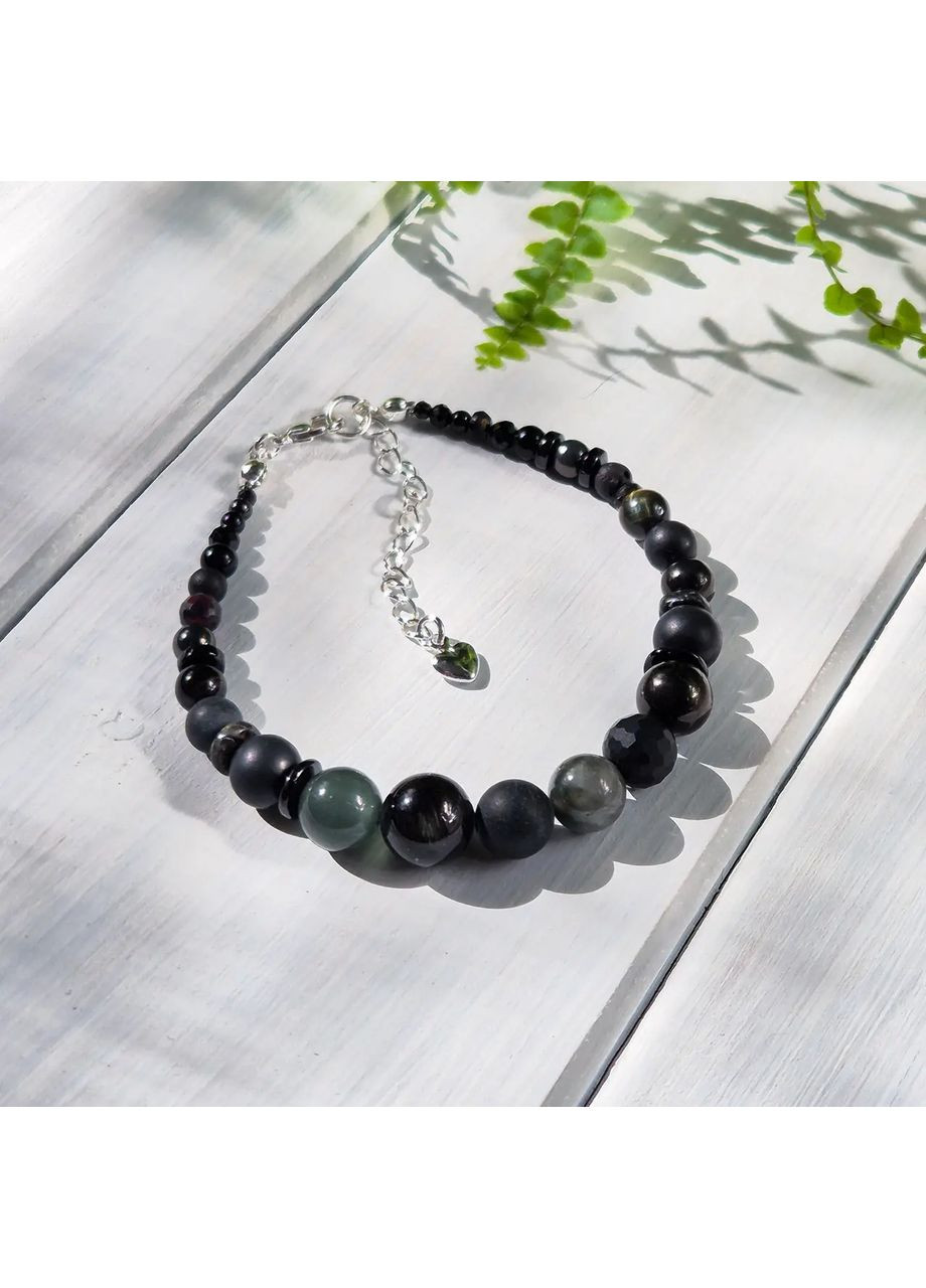 Браслет натуральний Гагат, Агат, Гіперстен, Гематит, Змійовик, Лава, гіп-ний сплав колір срібло d-10-2мм+- L-19-24см No Brand Браслет (349847978)