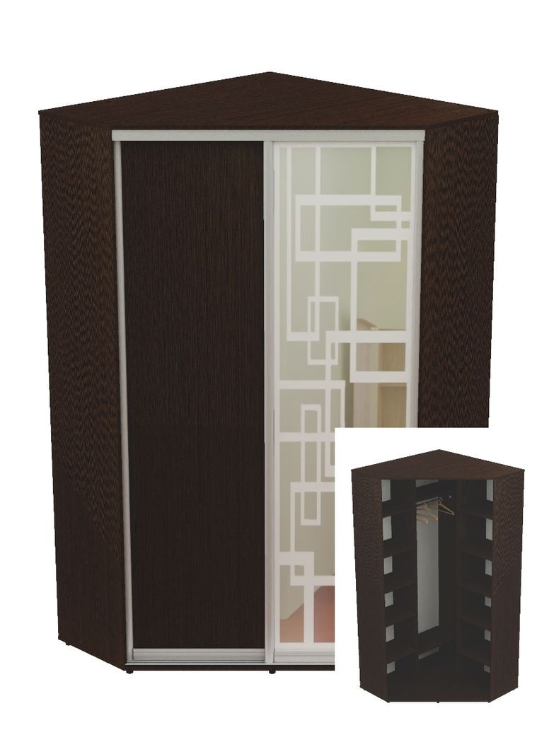 Шкаф-купе двухдверный угловой 110*110*230 Венге магия ДСП/Зеркало с пескоструйным рисунком Угол-1 Алекса (360467448)