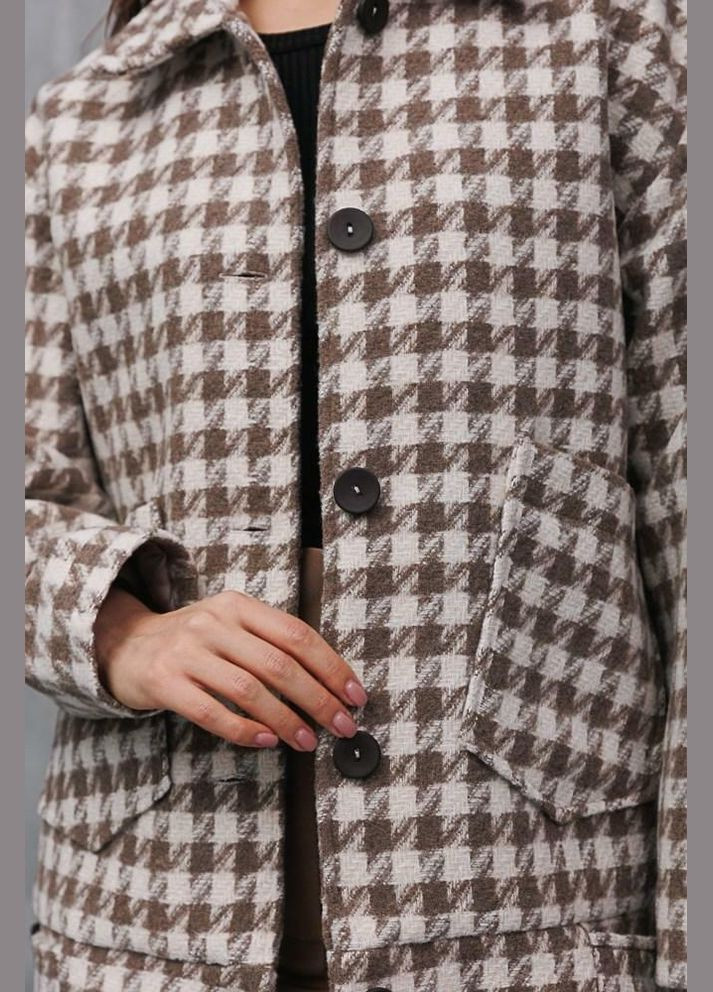 Бежева демісезонна жіноче коротке пальто oversize бежеве в гусячу лапку mkar69091-1 Modna KAZKA