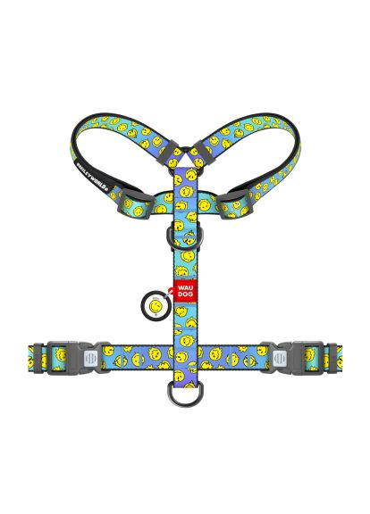 Шлей для собак Nylon анатомическая H-образная с QR-паспортом "Смайлики на голубом" пластиковый фастекс, L (345-0182) WAUDOG Nylon анатомічна H-подібна з QR-паспортом &quot;Смайли (366695685)