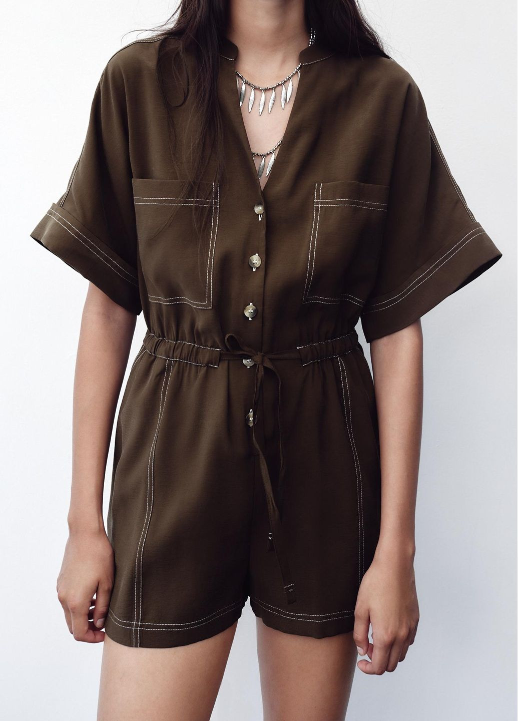 Комбинезон Zara однотонный коричневый повседневный