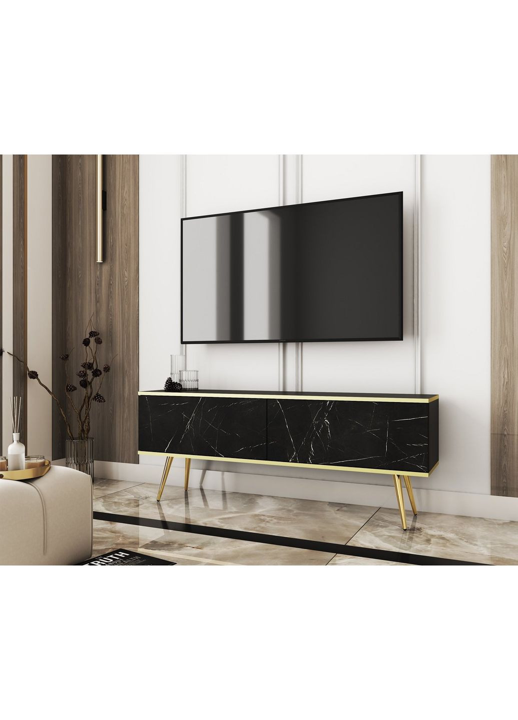 Тумба под телевизор Оро/Oro 2-дверная с золотыми ножками RTV135 роял (PFH-091323) Perfect Home (367179093)