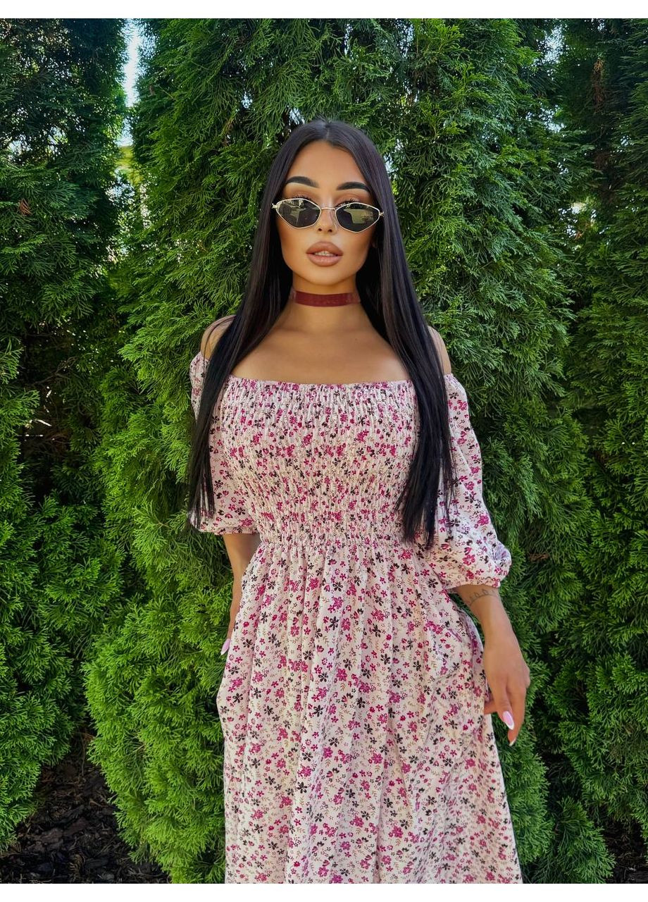 Молочна повсякденний, вечірня, пляжна, кежуал жіноча сукня в квітку з відкритими плечима FINO Mode з квітковим принтом