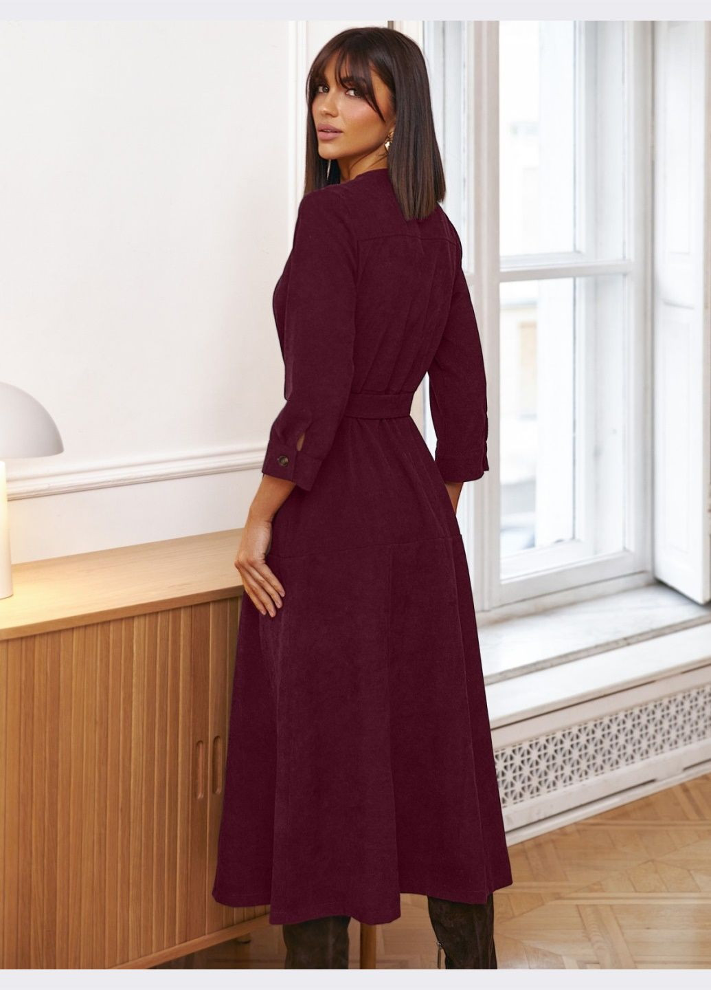 Бордова кежуал сукня-міді бордового кольору з поясом Dressa однотонна