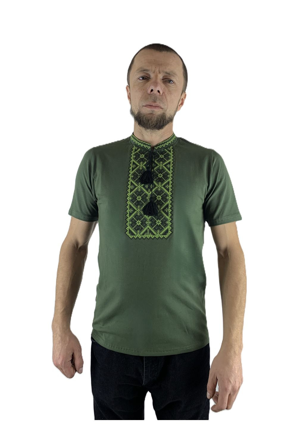 Хакі чоловіча вишита футболка вишиванка в кольорі хакі НоКо візерунок орнамент вільна, пряма бавовна, еластан (314510377)