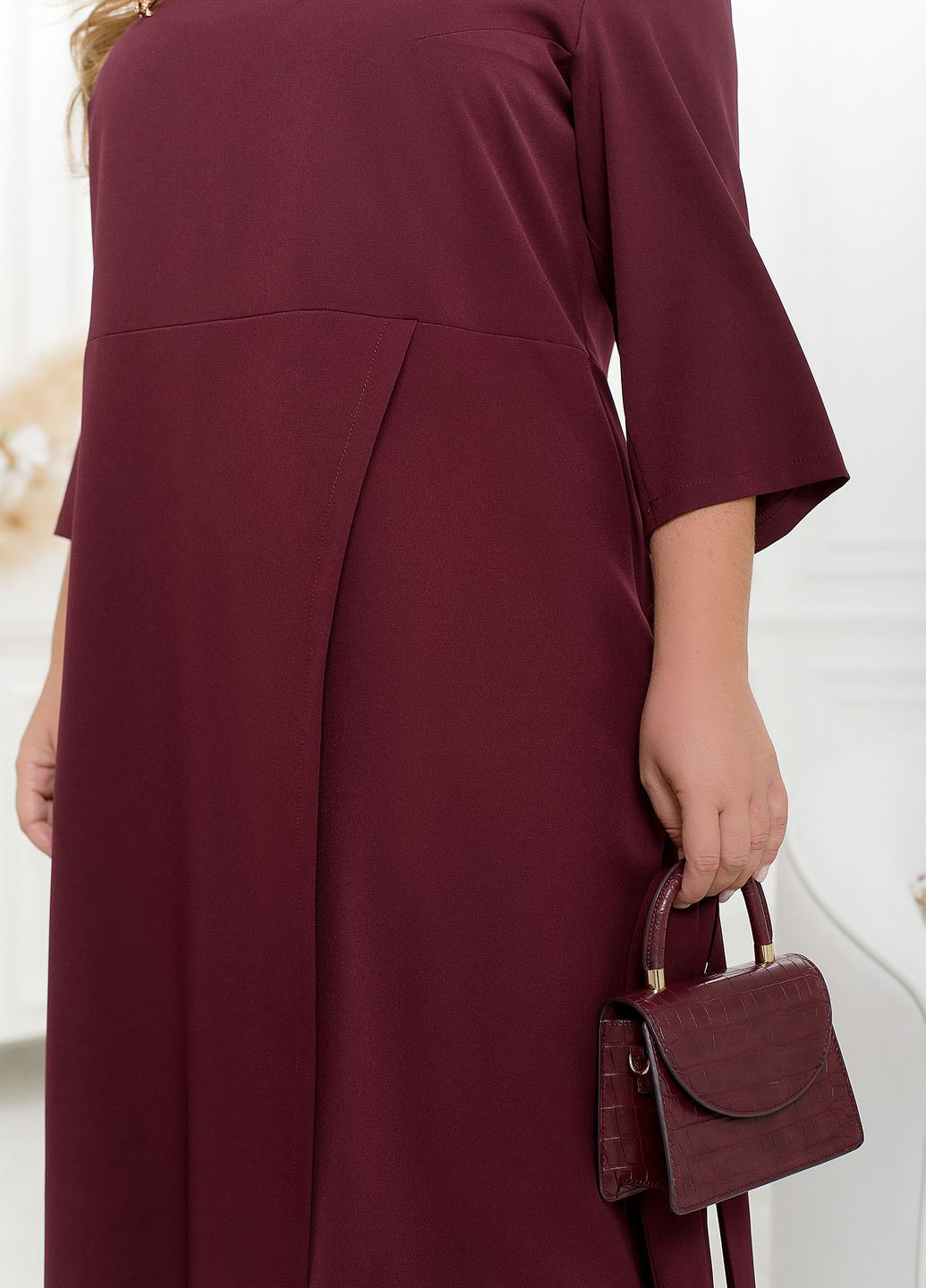 Бордова повсякденний, вечірня, святковий сукня-міді з довгими рукавами на запах, а-силует No Brand однотонна