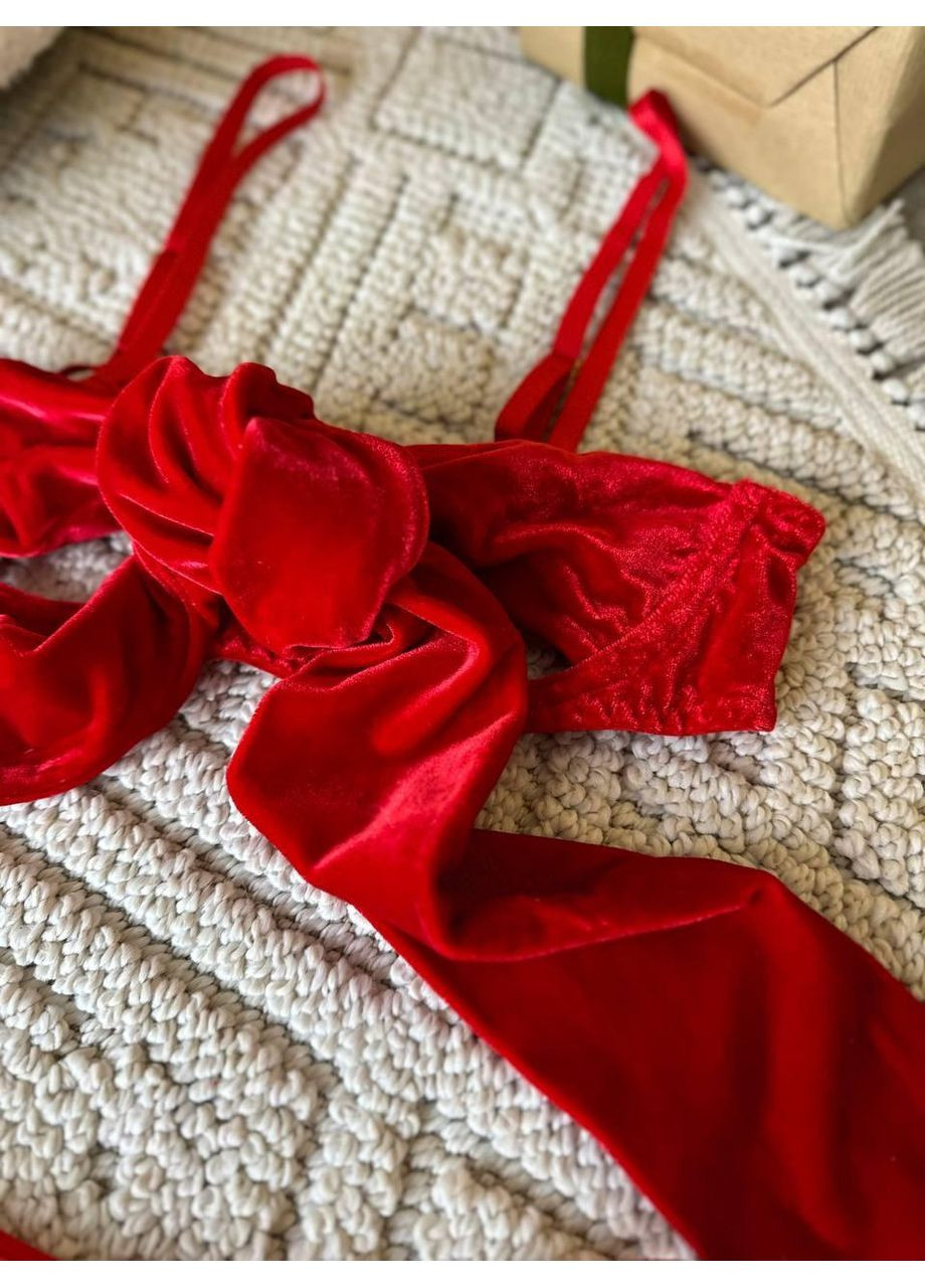 Червоний демісезонний оксамитовий комплект білизни / еротичний комплект із бантом / комплект бра і трусики з оксамиту No Brand