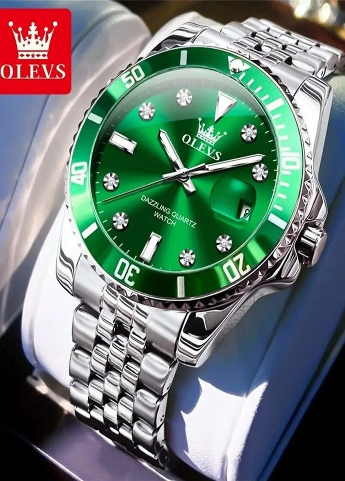 Чоловічий годинник 9809 Green Natural | Стильний класичний годинник із зеленим циферблатом і металевим ремінцем Olevs (354820491)