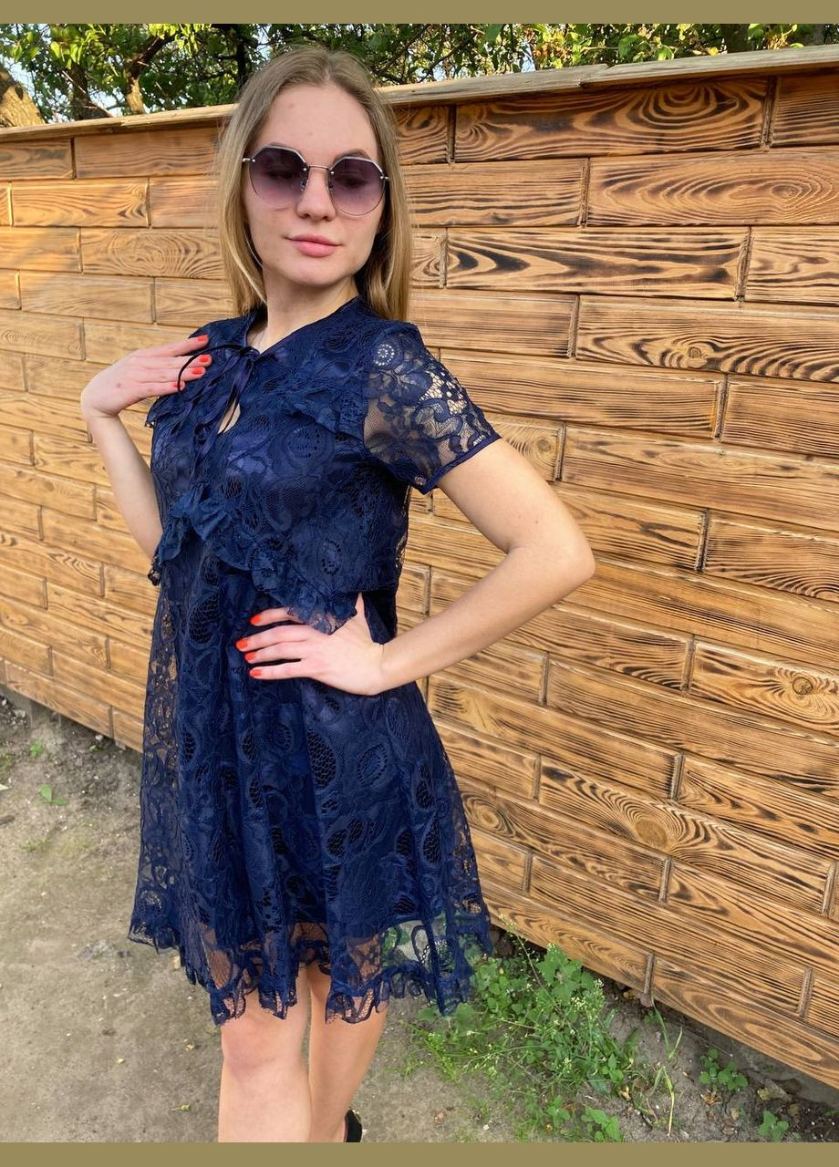 Синее повседневный женское гипюровое платье турция No Brand