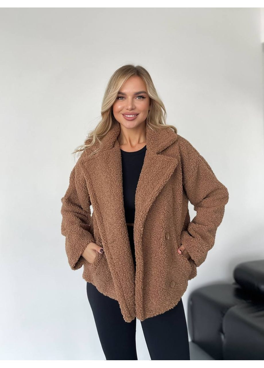 Кофейная зимняя женская короткая шуба-куртка из букле Fashion