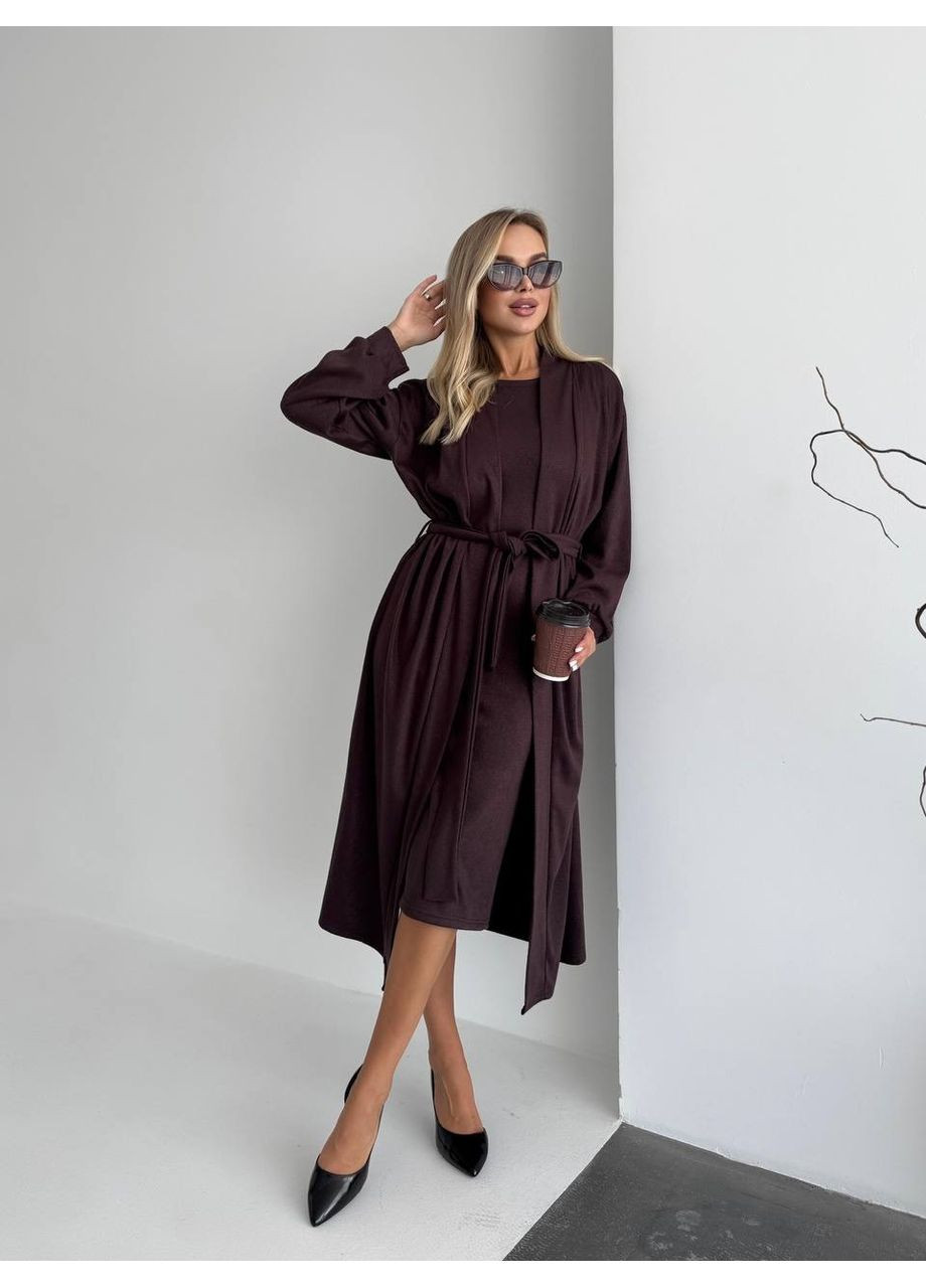 Женский теплый костюм кардиган+платье коричневого цвета 34889 Fashion (362211363)
