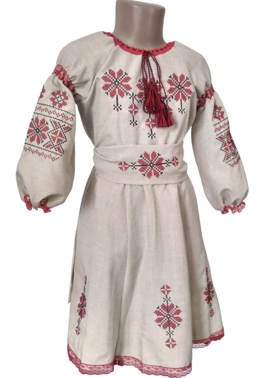 Бежева плаття вишиванка льон для дівчинки червона вишивка хрестиком 98 104 110 116 122 128 134 104 (366080099)