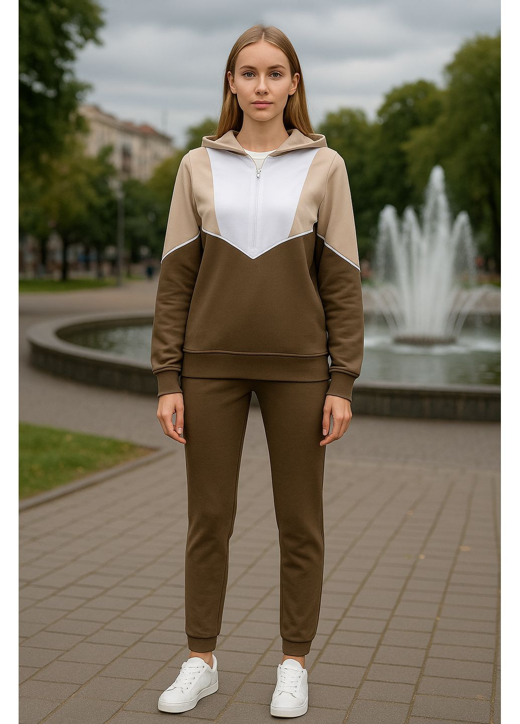 Костюм №1 с капюшоном двунитка трехцветный белый, св визон, капучино 4PROFI (370439327)