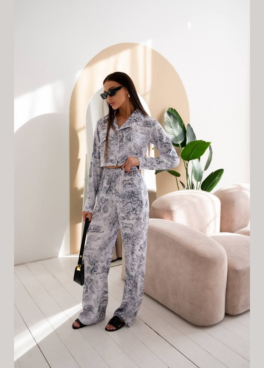 Женский костюм с кроп-топом и широкими брюками из искусственного шелка. MonCher (334676405)