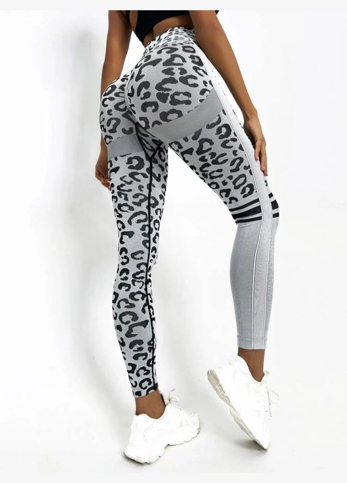 Серые демисезонные женские спортивные женские стильные леггинсы для фитнеса с высокой талией принт леопард эффект push up размер ( ) No Brand
