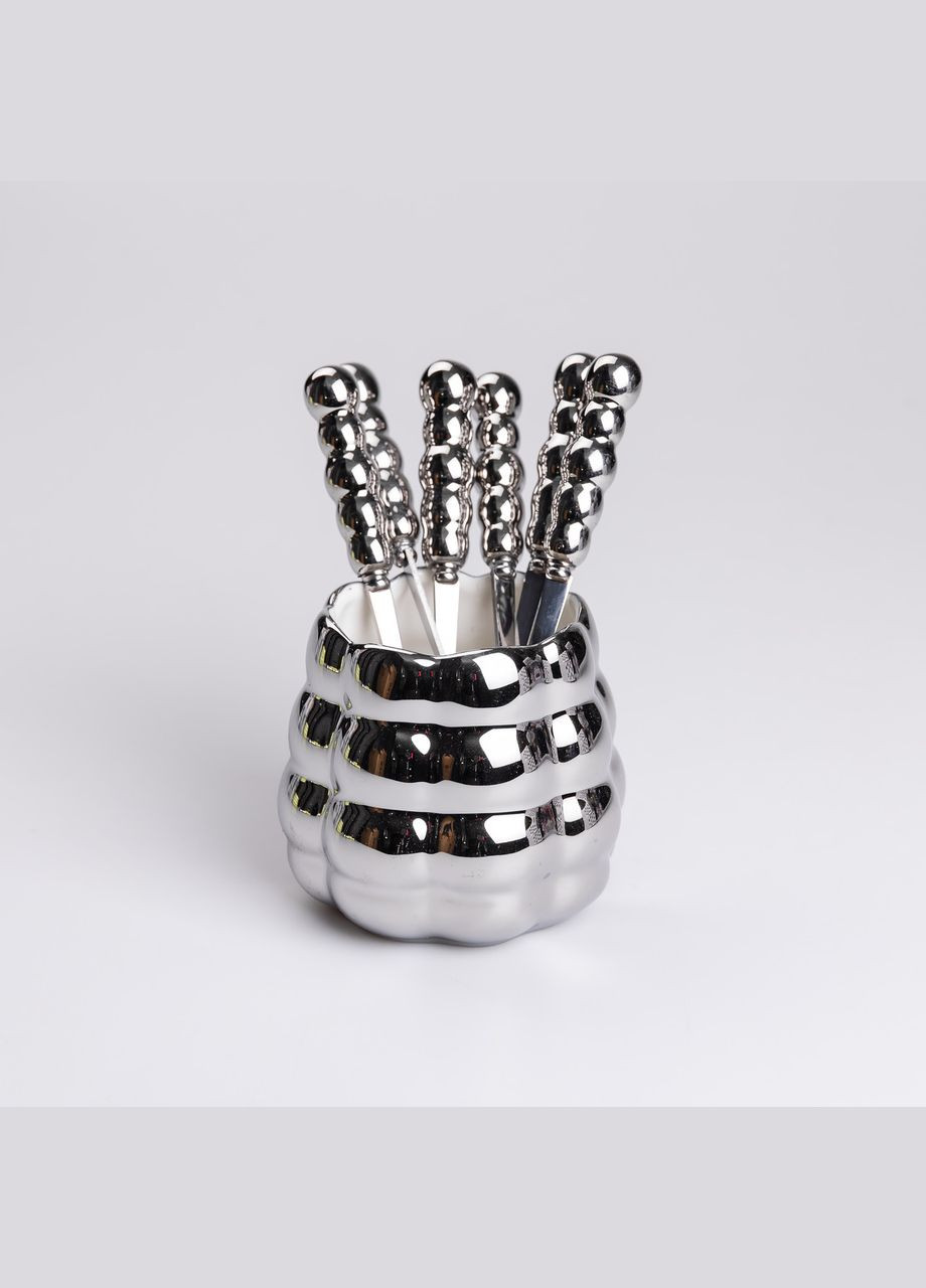 Набор десертных вилок и ложек с керамической подставкой, серебристый Yiwu (325449575)