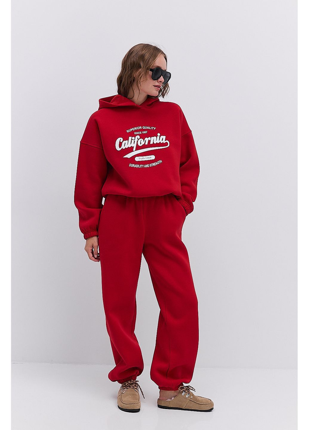 Спортивний жіночий костюм з худі світло-бежевий з принтом California Arjen (364967551)