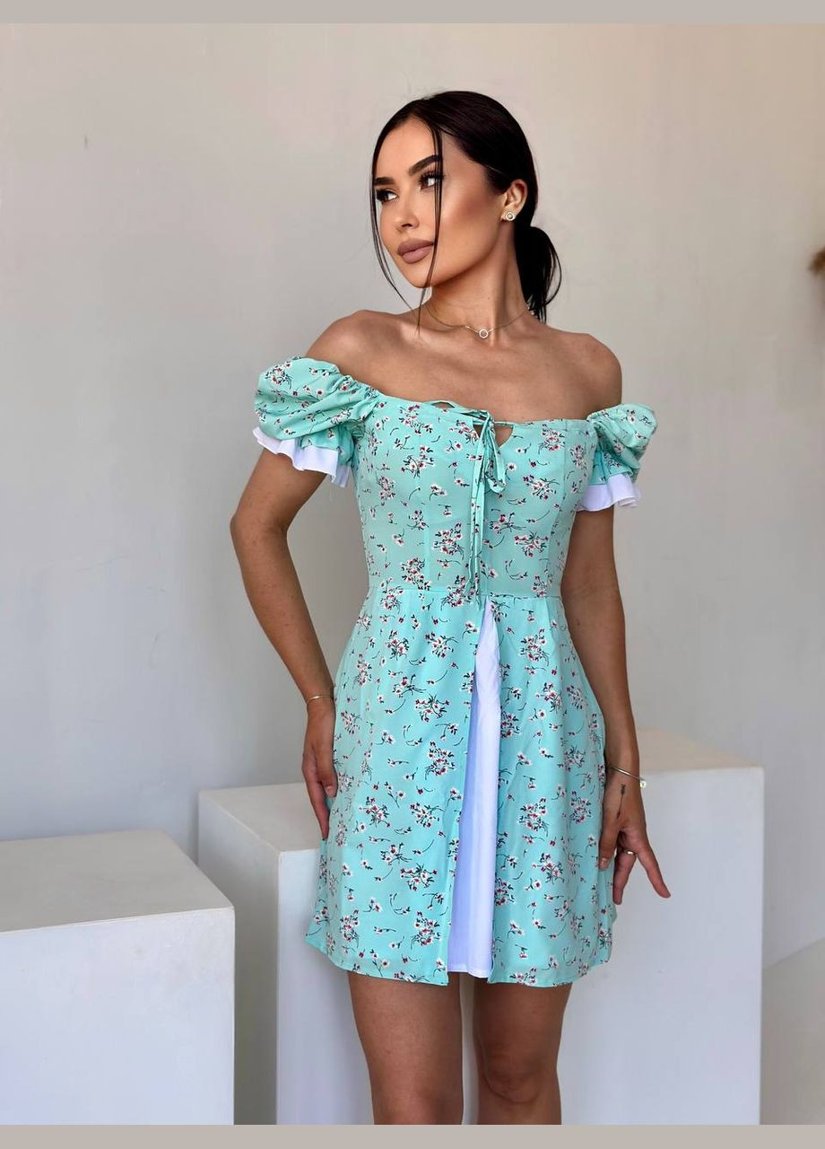 Бірюзова коротка сукня з розрізом бiрюзового кольору 32098 а-силует Fashion з квітковим принтом
