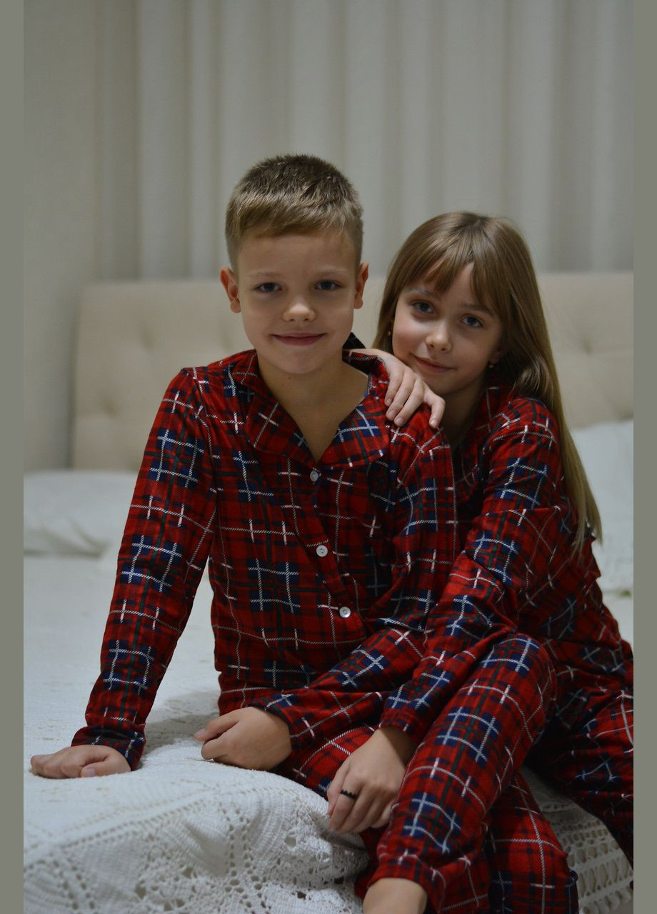 Красная зимняя детская пижама размери 134-158 для девочки на пуговицах флис (штаны и кофта) красная клетка кофта + брюки SNS