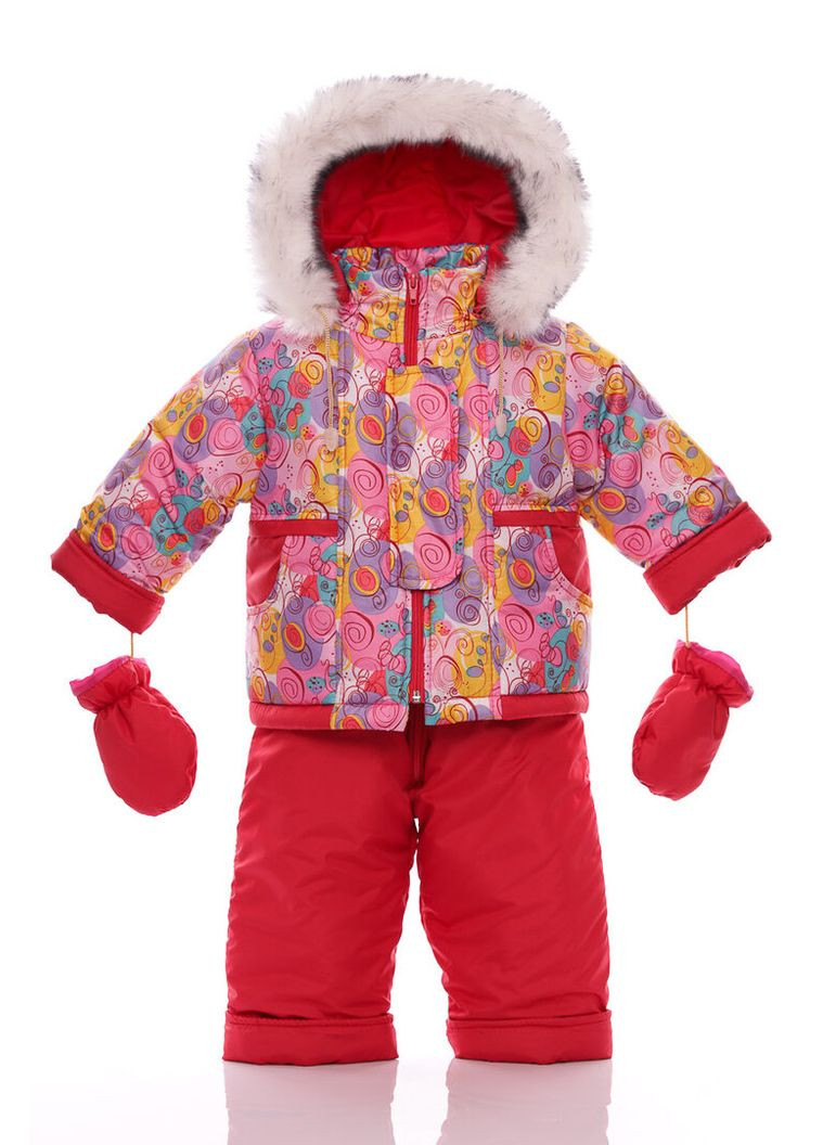 Червоний зимній комбінезон на синтепоні для дівчинки галактика нуль підстібка білий з чорним хутро червоне 86 см (51508) BABYKROHA