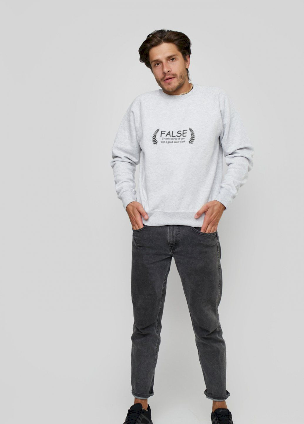 Серый свитшот мужской серый "false. it only works if you use a good serif font" YAPPI рисунок (303773085)