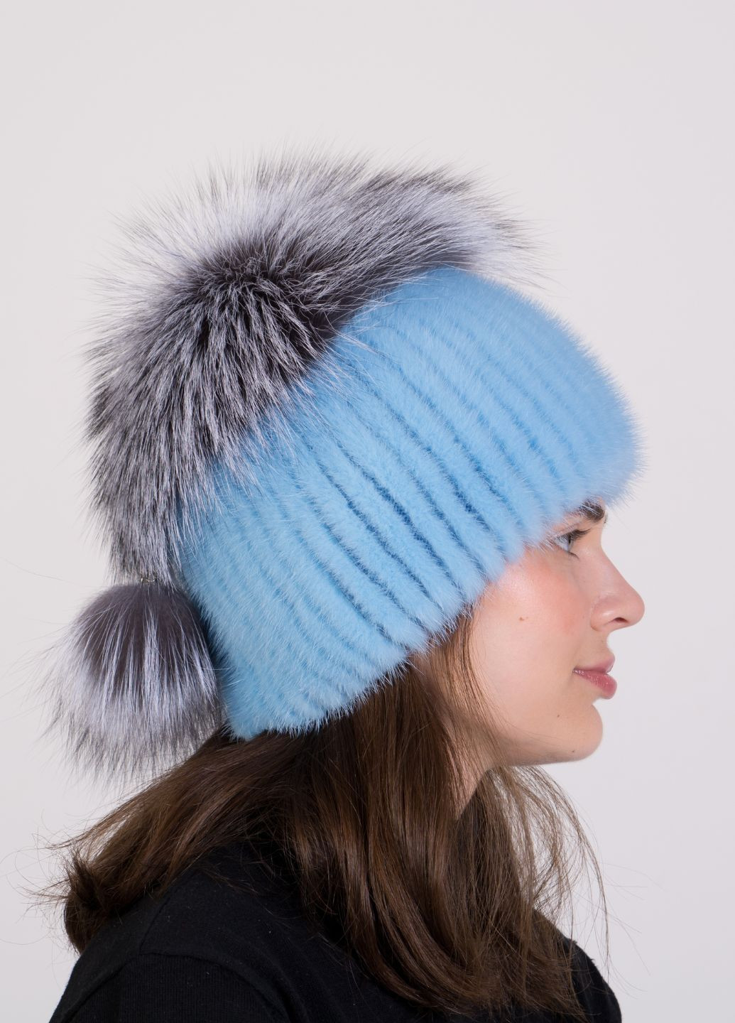 Женская меховая норковая шапка на вязаной основе с помпоном из меха чернобурки Меховой Стиль Шарик (297003347)